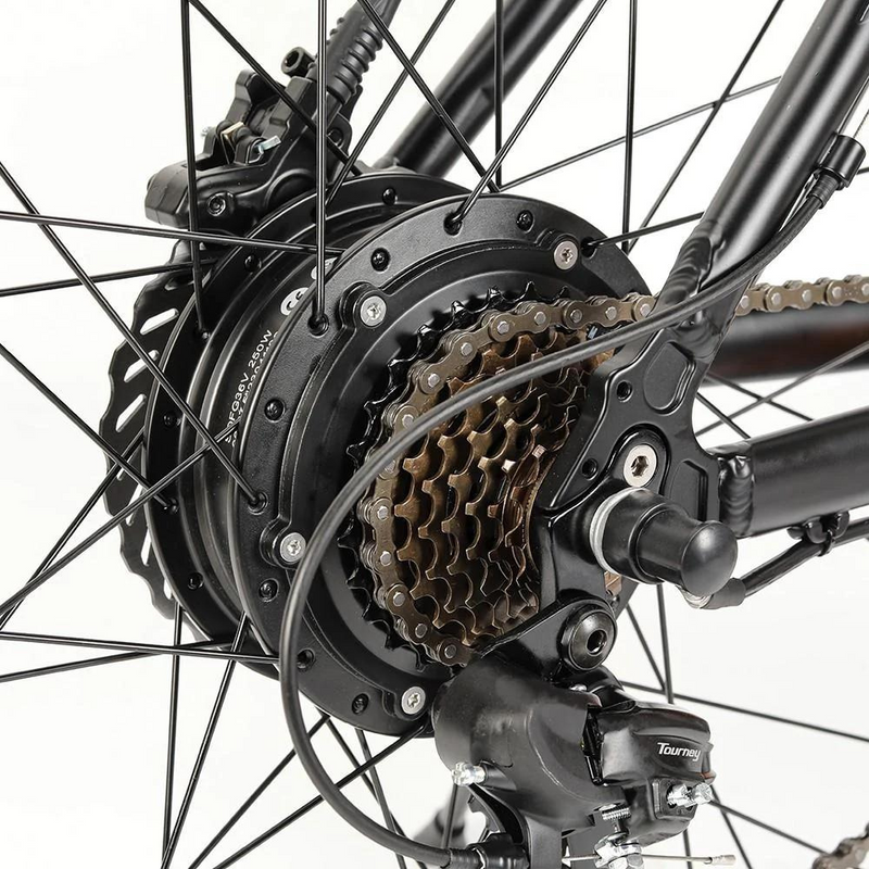 Eleglide M2 27.5" Electric Mountain Bike, 15.5MPH close up of the rear sprocket and hub motor in a white studio setting 